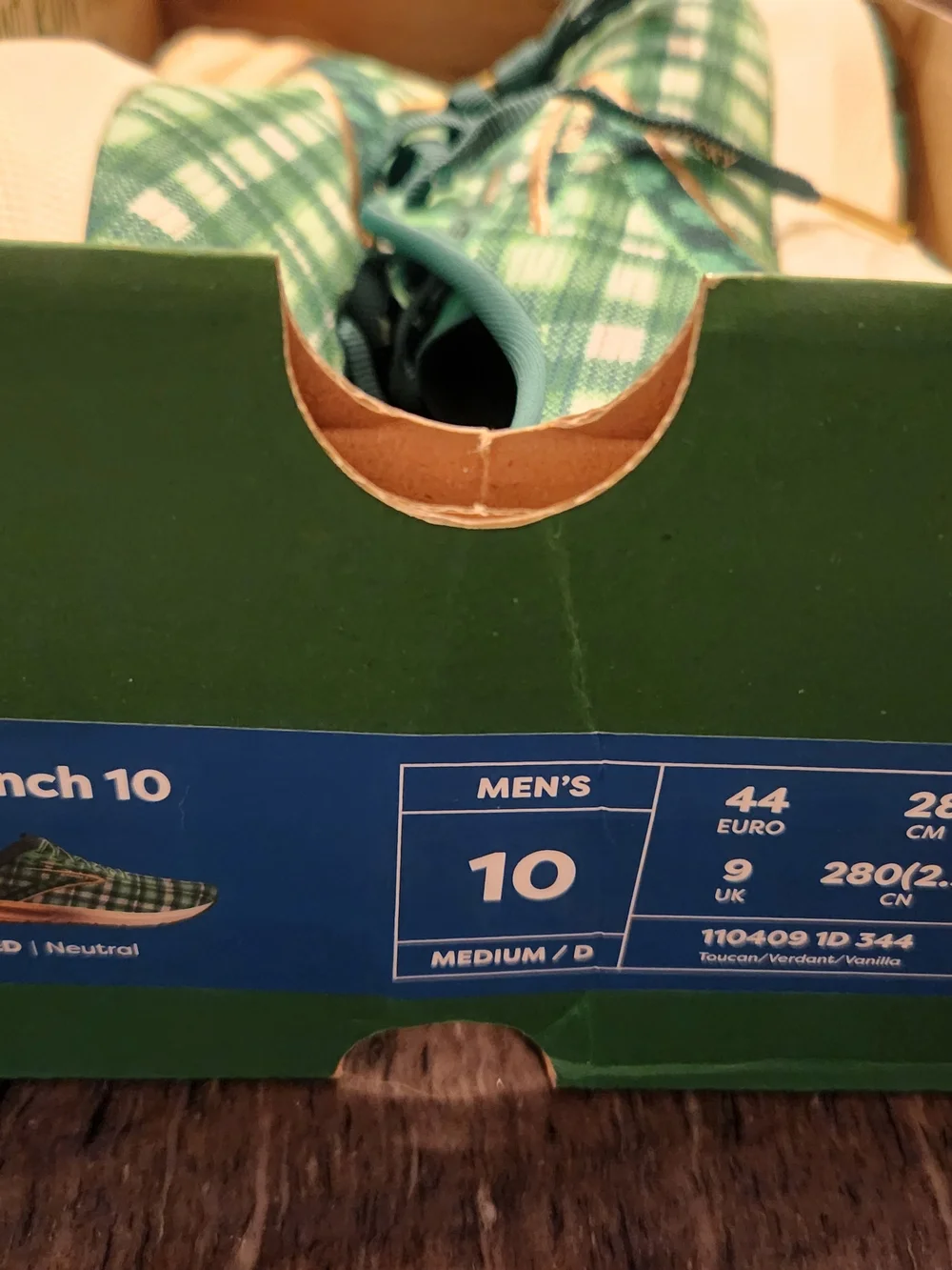 Brooks Green Plaid Athletic Running Shoes with Gold Accents